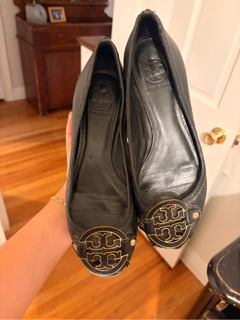 Tory Burch Black Leather Logo Ballet Flats with Gold Emblem
